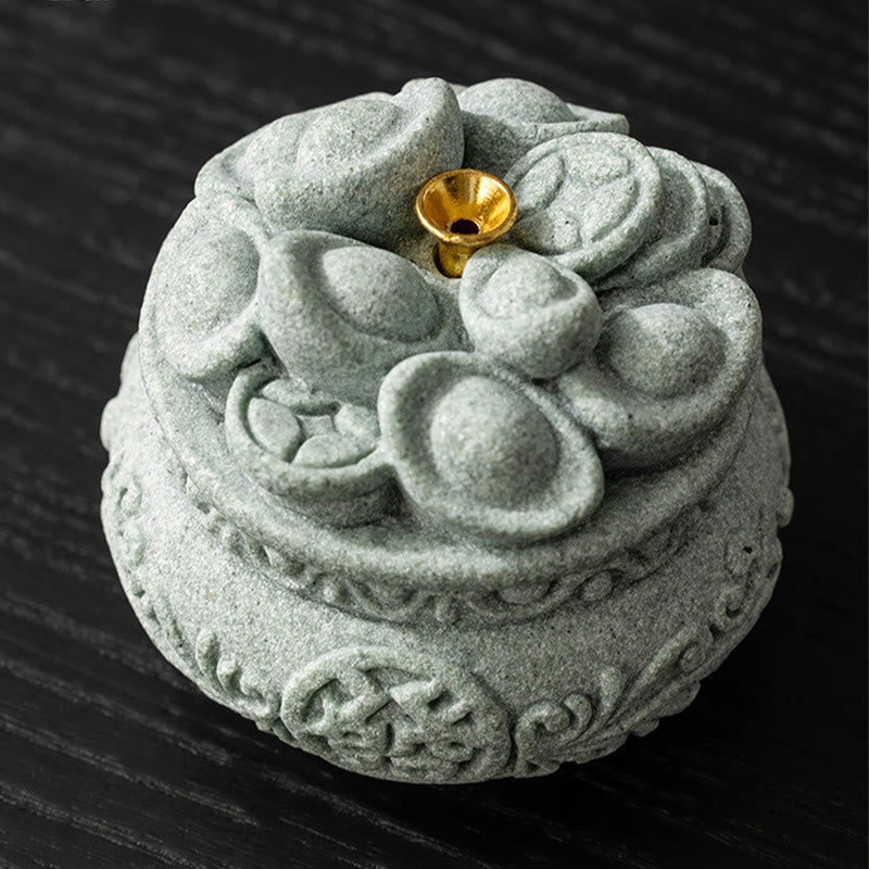 Goldstone Sycee Ingot Incense Burner with Fu Symbol Desk Meditation Tool