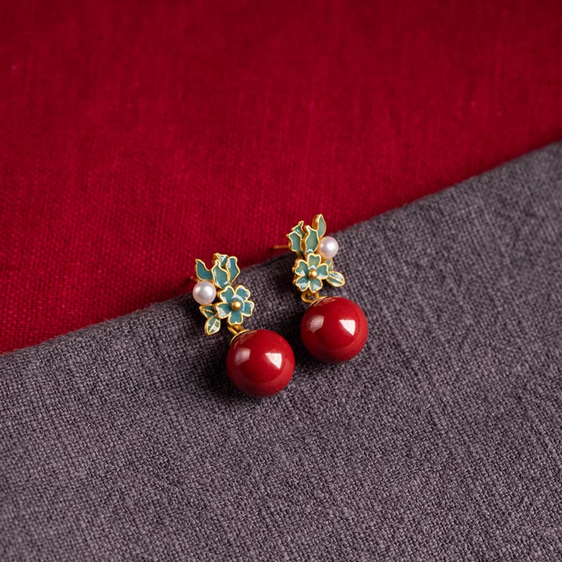 925 Sterling Silver Plated Gold Cinnabar Pearl Flower Blessing Necklace Pendant Earrings Ring Set