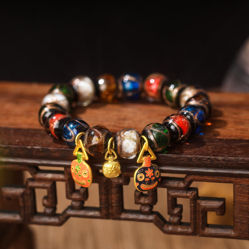 Five Elements Gold Swallowing Beast Family Charm Liuli Glass Bead Luck Bracelet