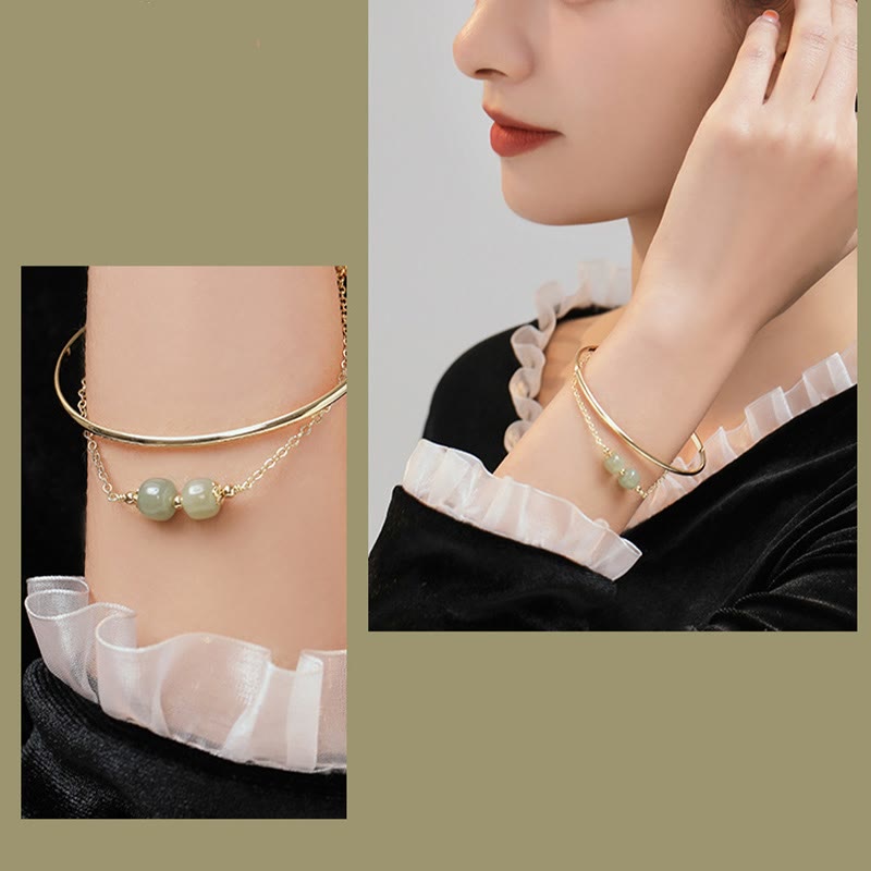 Copper Plated Gold Hetian Jade Bead Luck Double Layer Bracelet Bangle