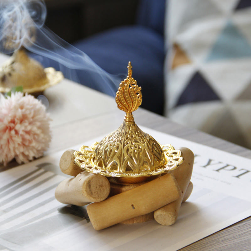 Mini Gold Alloy Buddha Incense Burner with Protective Wooden Coaster