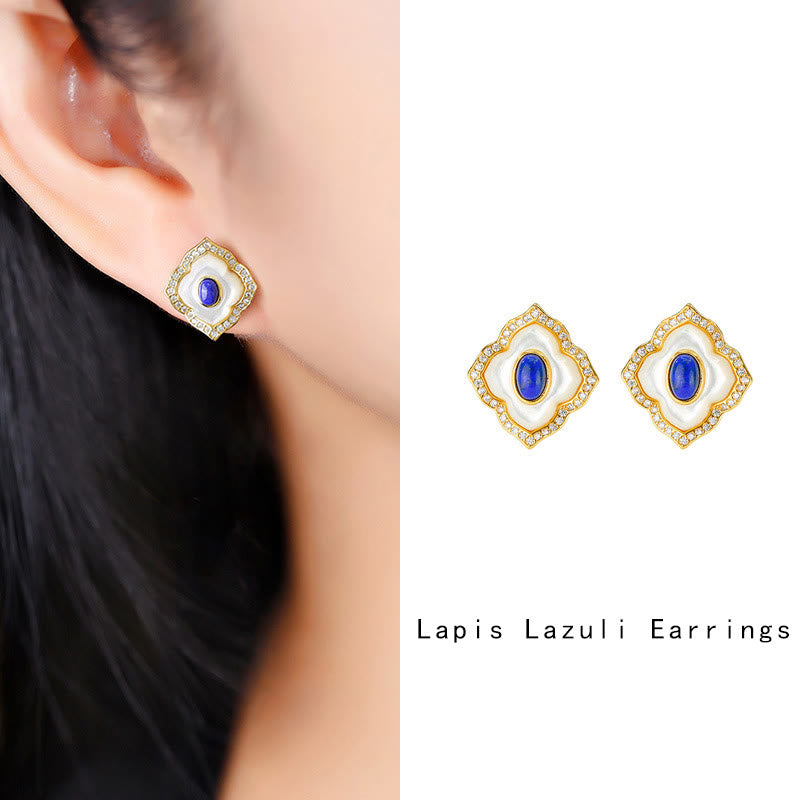 925 Sterling Silver Tridacna Stone Lazurite Prismatic Design Blessing Earrings Necklace Pendant Jewelry Set