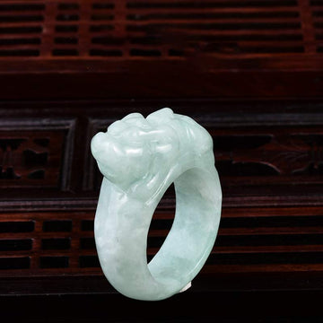 Hand-Carved Natural Green Jade Pixiu Artisan Band Ring