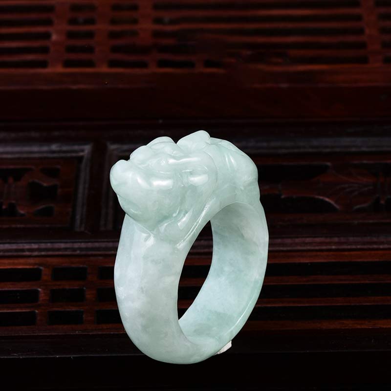 Hand-Carved Natural Green Jade Pixiu Artisan Band Ring