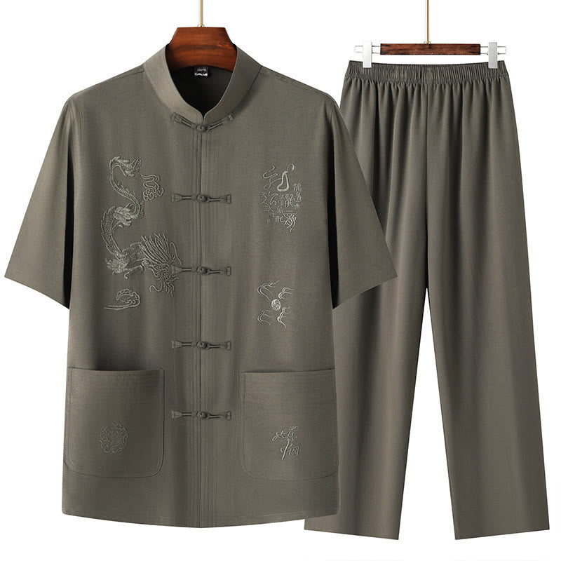 Tang Suit Hanfu Chinese Dragon Traditional Kung Fu Uniform Short Sleeve Tops and Pants Clothing Men's Set