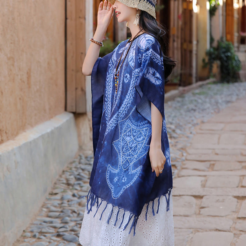 Blue Geometric Batik Draped Travel Meditation Shawl