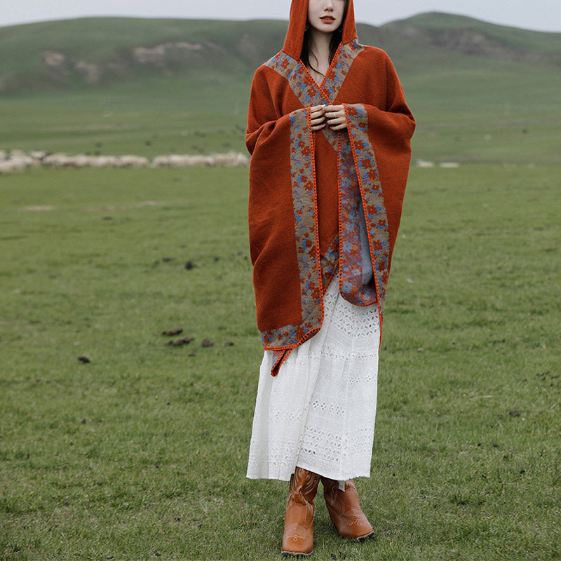 Tibetan Shawl Border Small Floral Flower Hooded Cloak Winter Cozy Travel Scarf Wrap