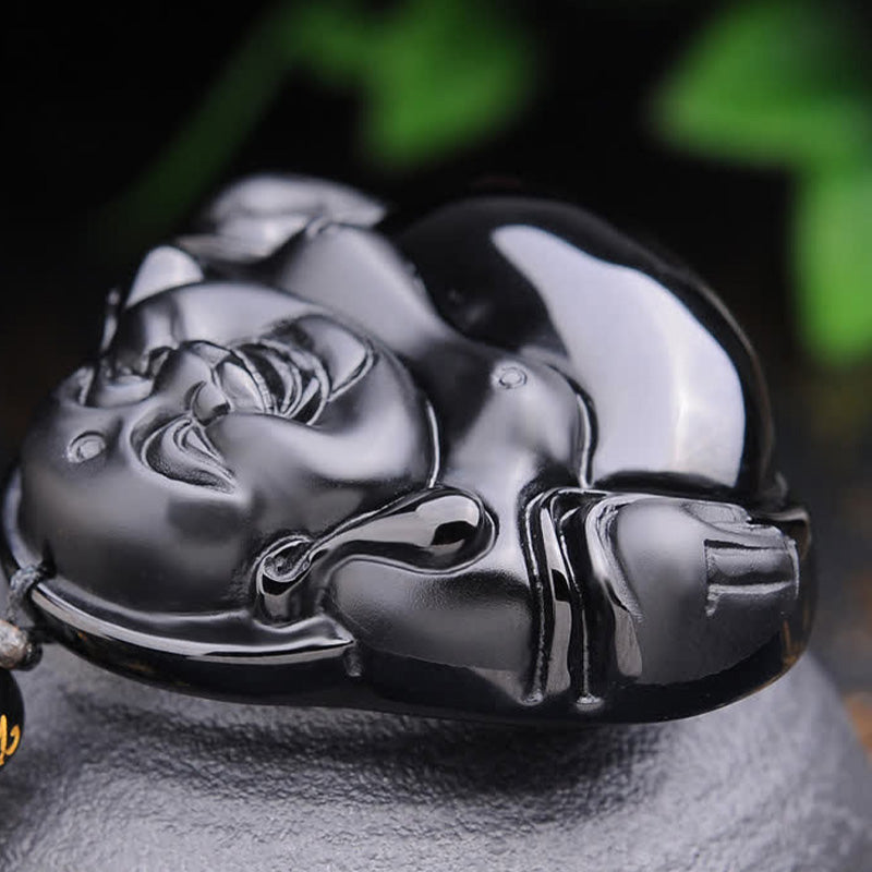 Laughing Buddha Black Obsidian Transformation Pendant Necklace