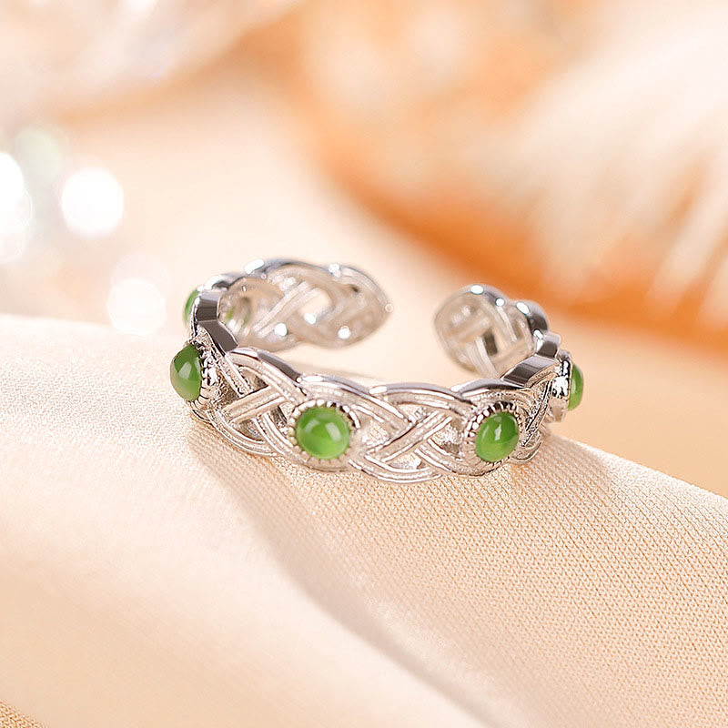 925 Sterling Silver Plated Gold Cyan Jade Braided Design Success Luck Adjustable Ring