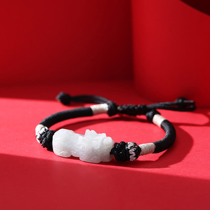 Handmade Natural Jade PiXiu Luck Prosperity Braided String Bracelet