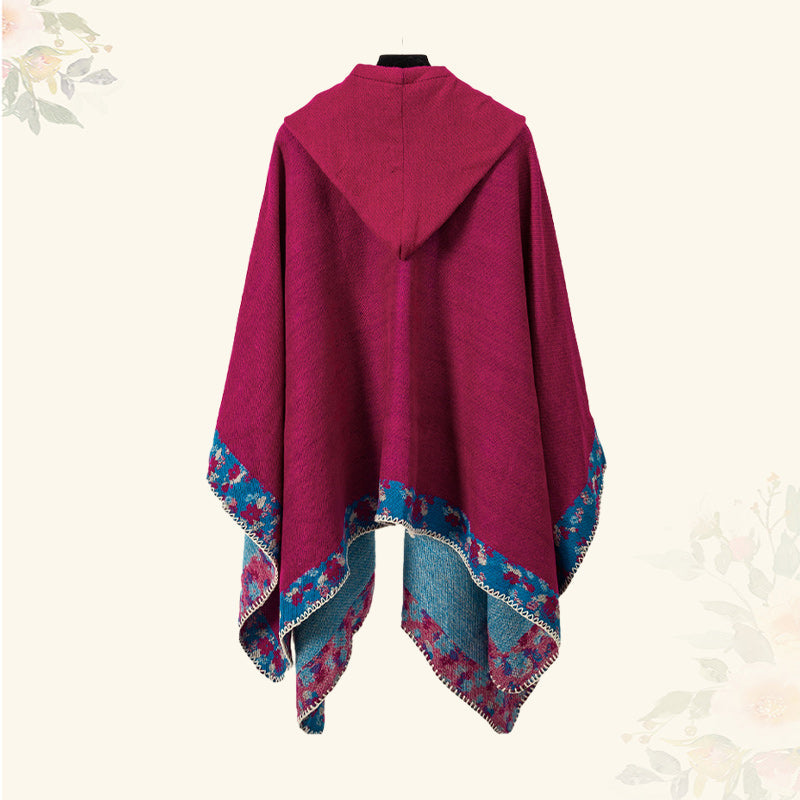 Tibetan Shawl Border Small Floral Flower Hooded Cloak Winter Cozy Travel Scarf Wrap