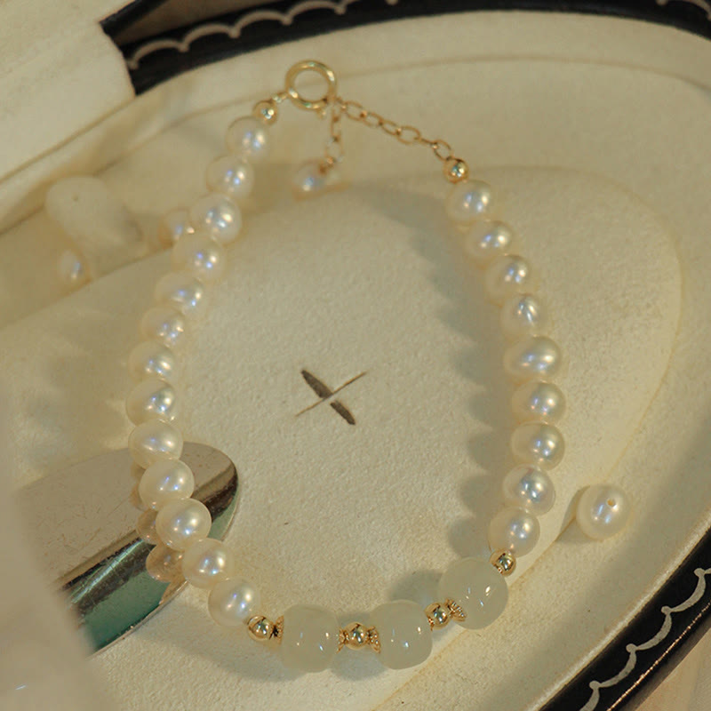 14K Gold Plated Natural Pearl & Hetian Jade Sincerity Bead Chain Bracelet