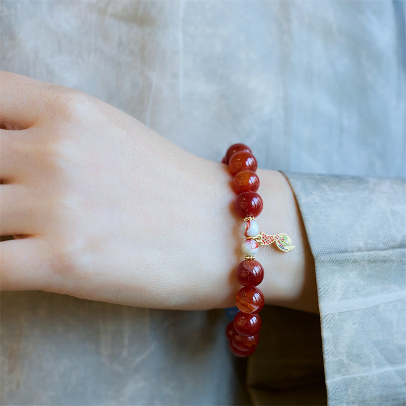 Natural Red Agate & Shoushan Stone Dragon Fu Charm Peace Talisman Bracelet