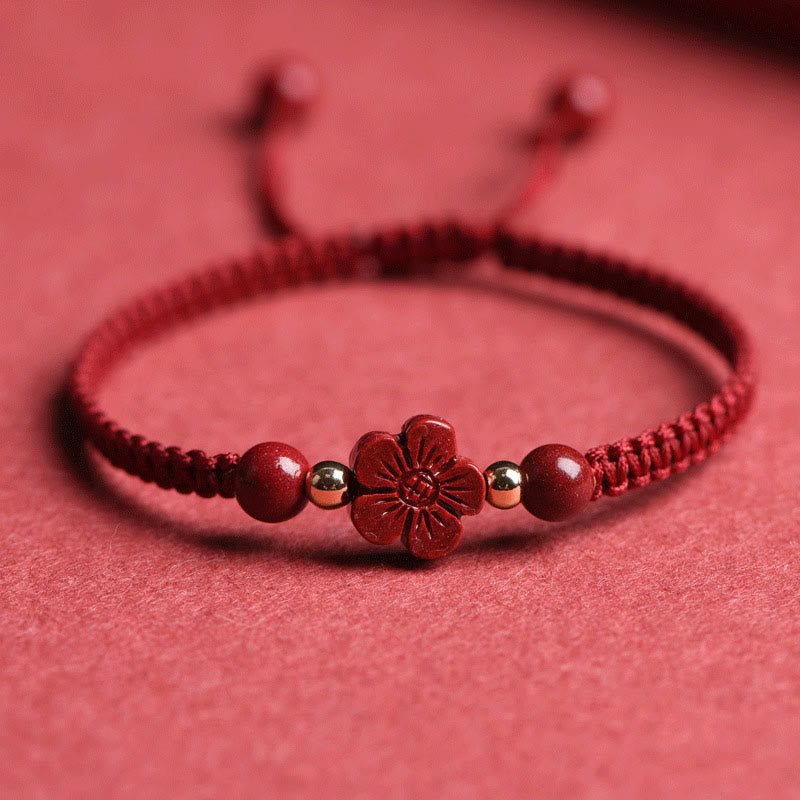 Hand-Woven Red String Cinnabar Clover and Flower Charm Bracelet