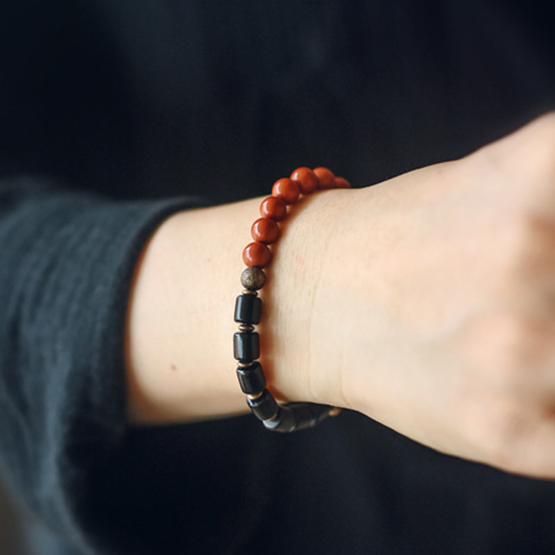 Handmade Ebony Wood & Copper Peace Couple Bracelet with Natural Gemstones