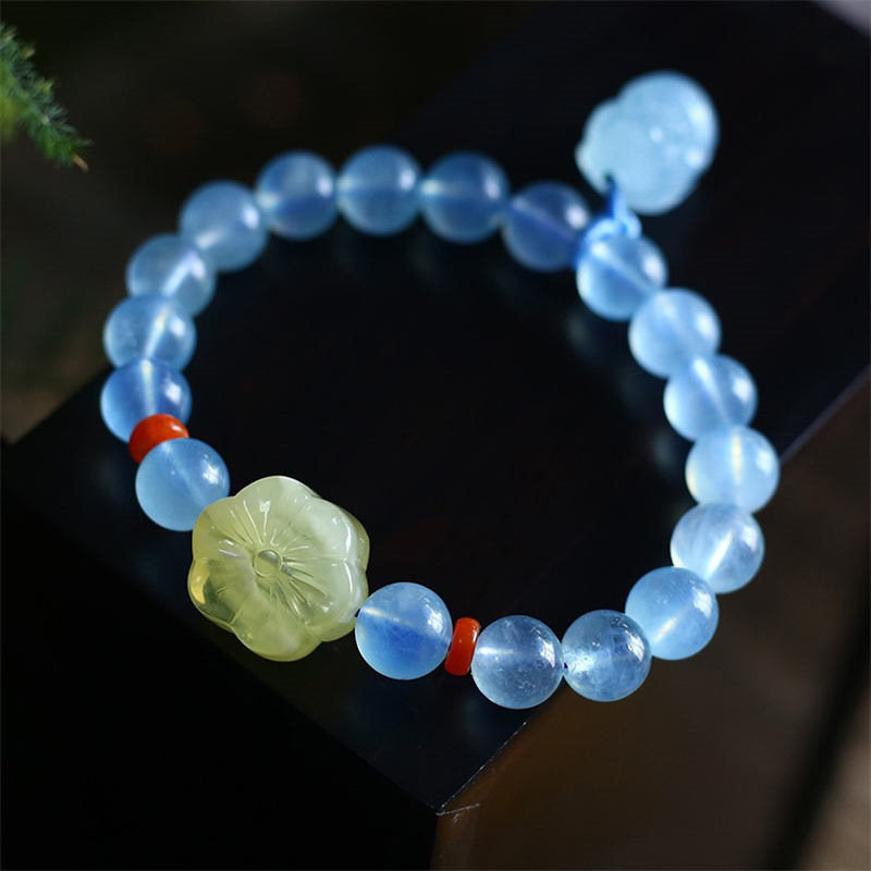 Natural Aquamarine, Amber, and Red Agate Pixiu Charm Bracelet