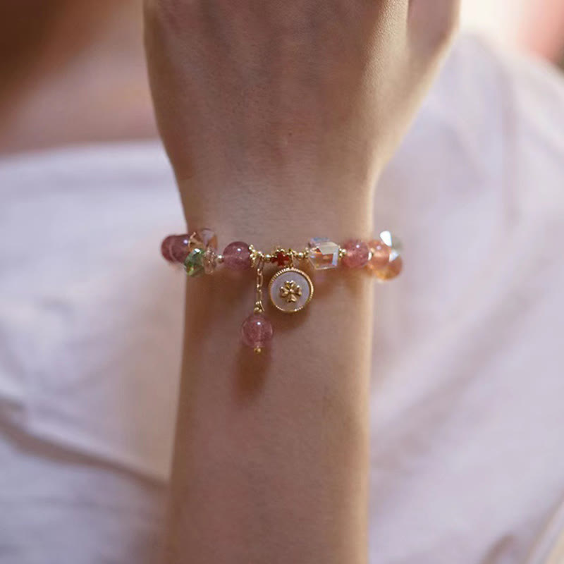 Strawberry Quartz Lucky Four Leaf Clover Healing Charm Bracelet