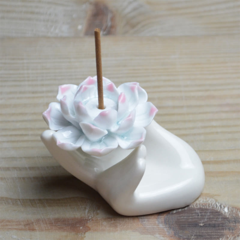 Small Ceramic Mudra Hand & Lotus Incense Burner for Mindful Practice