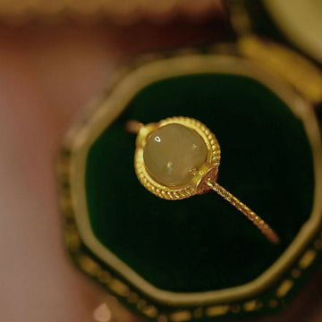 Minimalist 14K Gold Plated Copper Round Jade Adjustable Ring