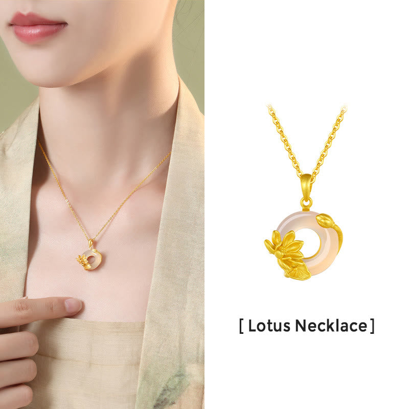 Natural White Chalcedony Peace Buckle Lotus Pendant S925 Sterling Silver Necklace