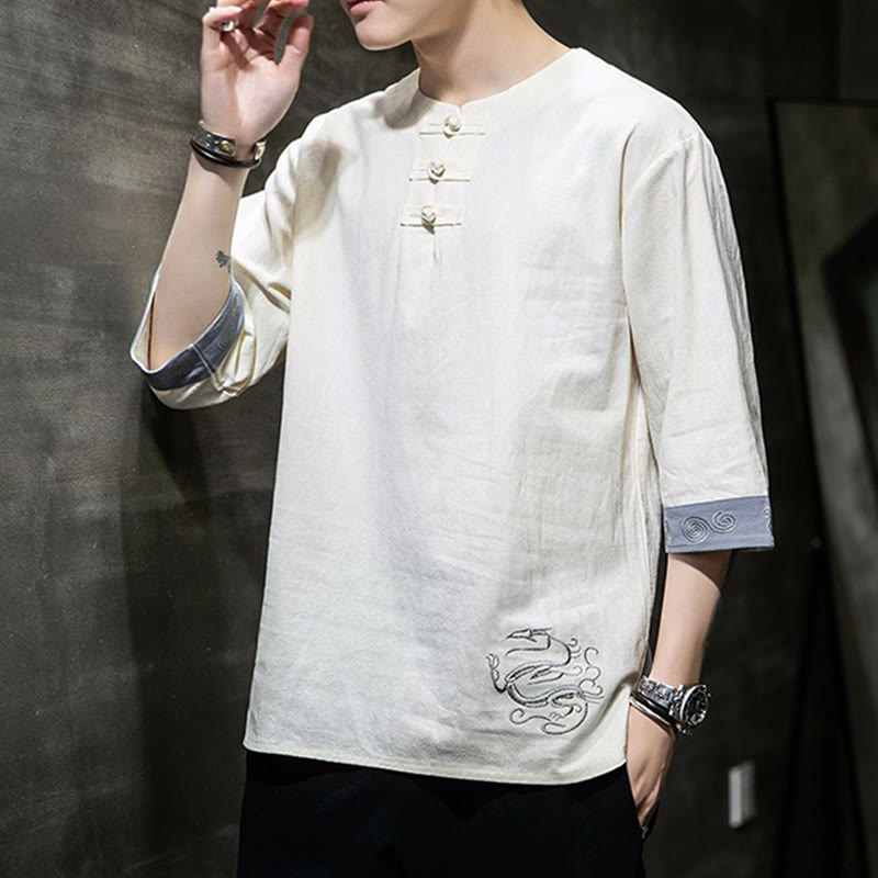 Frog-Button Dragon Embroidery Chinese Tang Suit Three Quarter Sleeve Shirt Cotton Linen Men Clothing