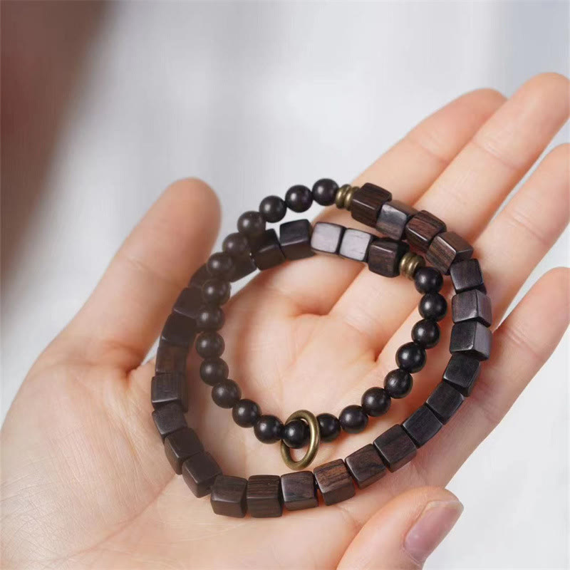Tibet Ebony Wood Square Beads Peace Double Wrap Bracelet