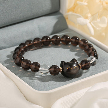 Natural Ice & Silver Sheen Obsidian Lucky Cat Bracelet with Clear Quartz and Copper