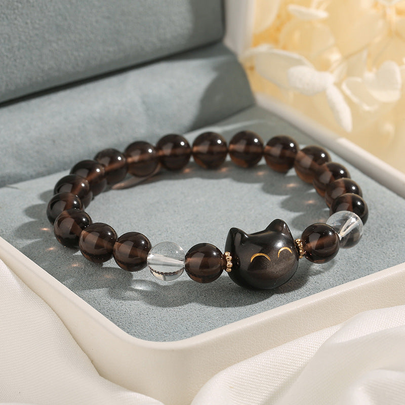 Natural Ice & Silver Sheen Obsidian Lucky Cat Bracelet with Clear Quartz and Copper