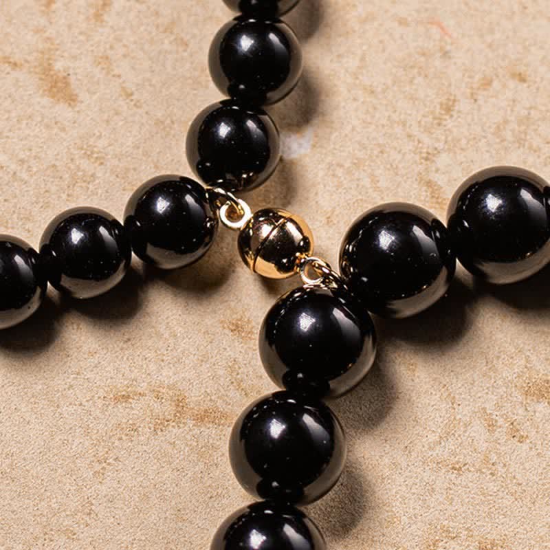 Magnetic Black Obsidian and Jade Om Mani Padme Hum Mantra Gold Plated Couple Bracelet