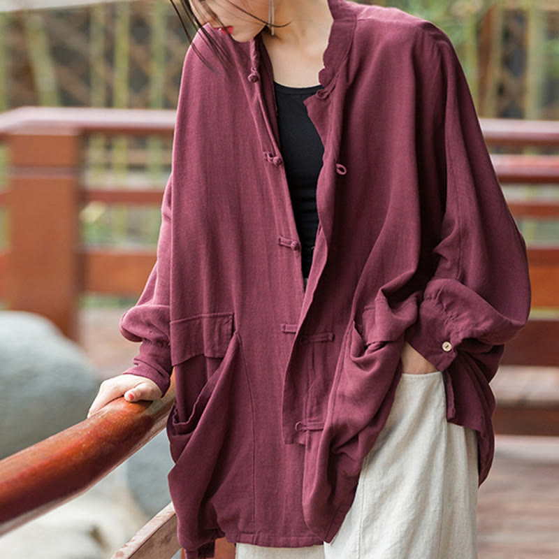 Frog-Button Long Sleeve Zen Meditation Open Front Jacket With Pockets