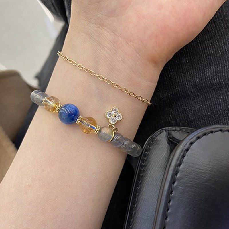 Natural Moonstone Citrine Kyanite 14K Gold Flower Charm Beaded Bracelet