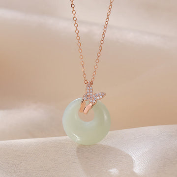 925 Sterling Silver Natural Hetian Jade Zircon Butterfly Luck Necklace Pendant