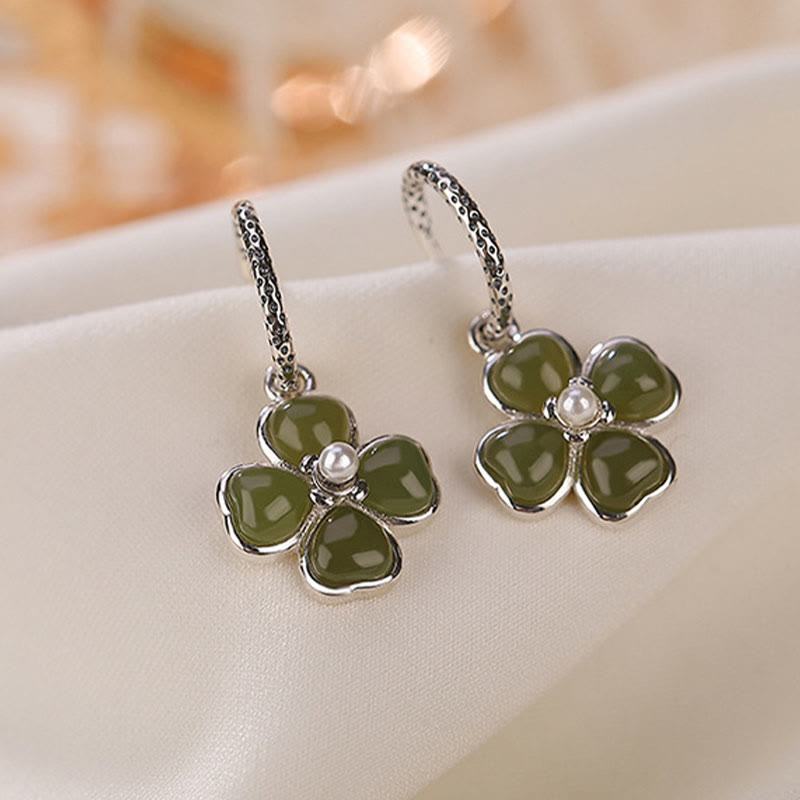 Natural Jade and 925 Sterling Silver Four-Leaf Clover Stud Earrings