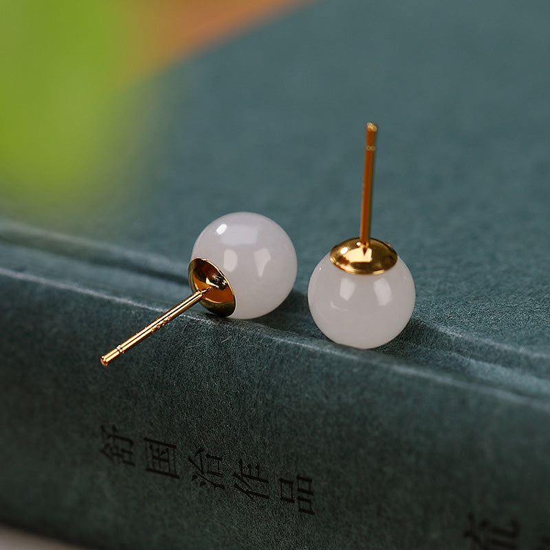 Handmade 925 Sterling Silver Round White Jade and Gold Minimalist Stud Earrings