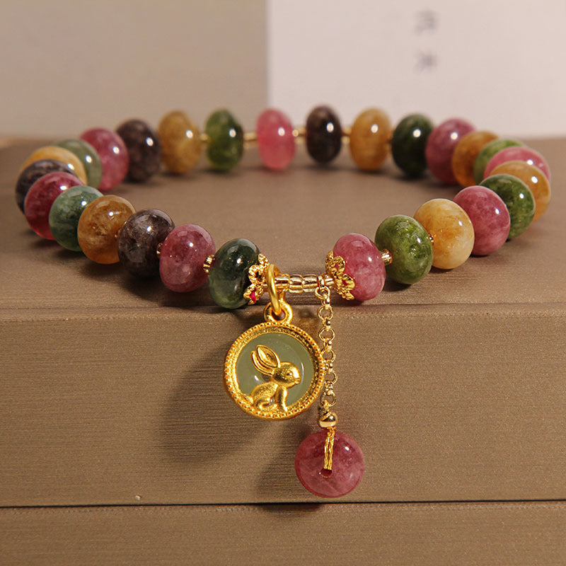 Natural Colorful Tourmaline Cute Rabbit Charm Positive Bracelet