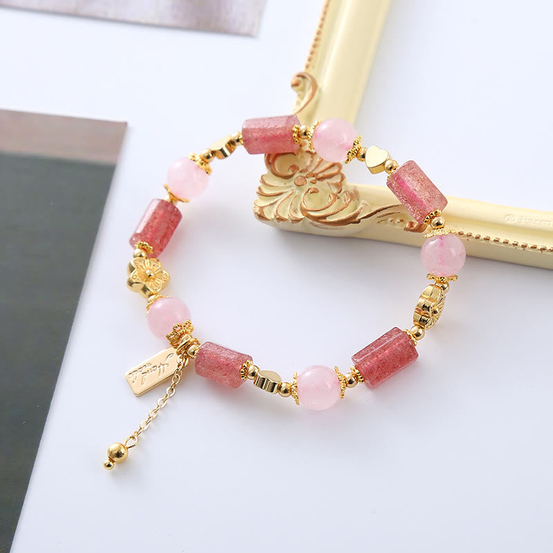 Strawberry Quartz and Pink Crystal Heart Flower Energy Bracelet for Women