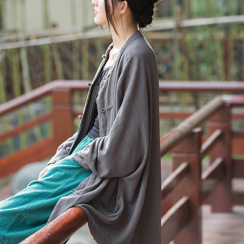 Frog-Button Long Sleeve Zen Meditation Open Front Jacket With Pockets