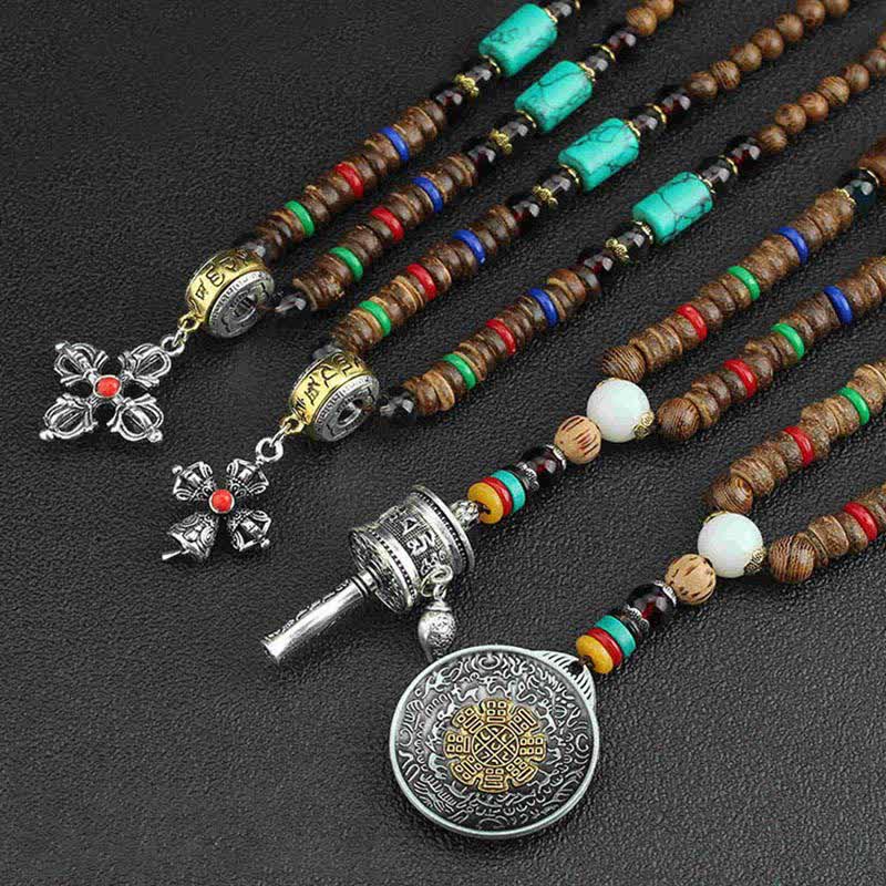 Tibetan Om Mani Padme Hum Prayer Wheel Rotation Vajra Wood Necklace Pendant