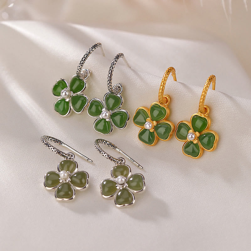 Natural Jade and 925 Sterling Silver Four-Leaf Clover Stud Earrings