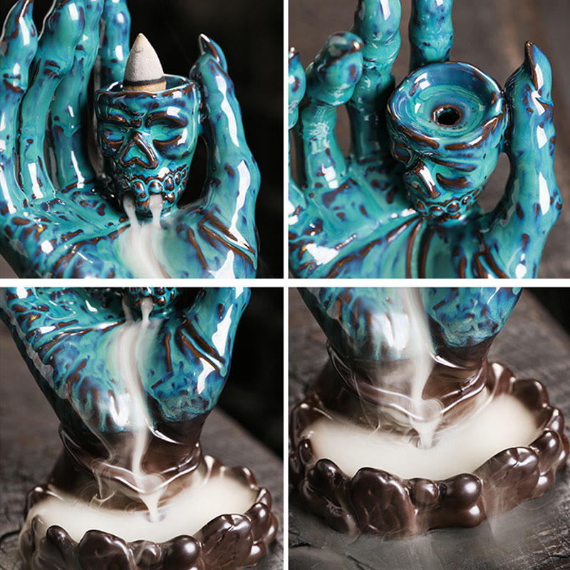 Ceramic Skull and Skeletal Hand Backflow Incense Burner for Atmospheric Meditation