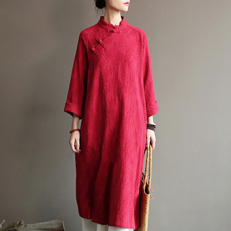 Flower Jacquard Midi Dress Long Sleeve Cotton Linen Dress Wide Leg Pants With Pockets