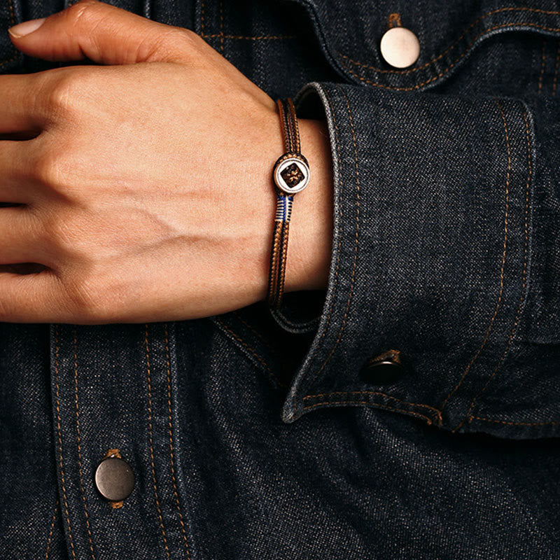 Handmade 925 Sterling Silver Button Weave Cord Bracelet for Men and Women