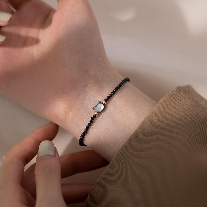 14K Gold Plated Black Spinel White Crystal Cute Cat Tridacna Stone Healing Bracelet