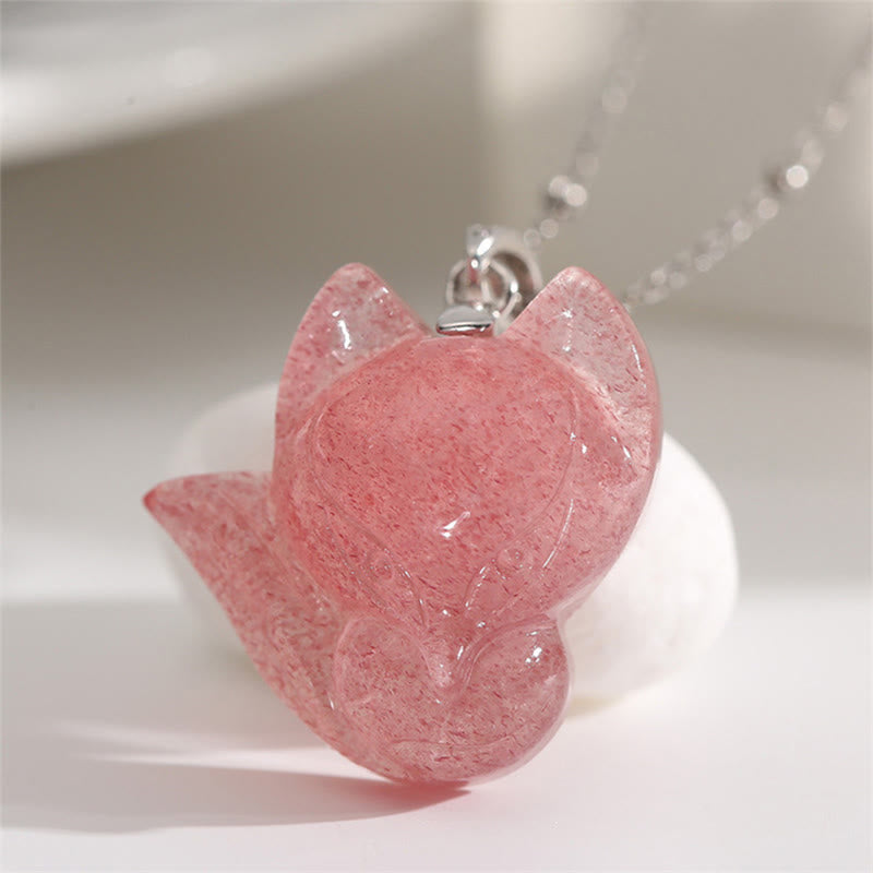 925 Sterling Silver Plated 14k Gold Strawberry Quartz Fox Healing Necklace Pendant