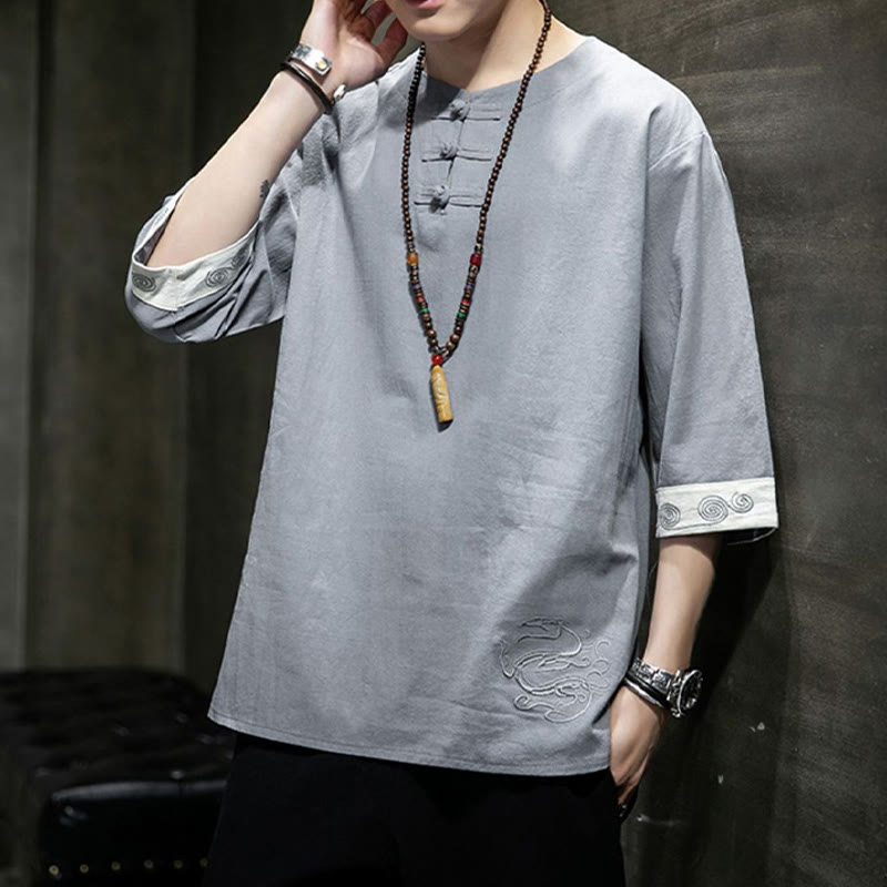 Frog-Button Dragon Embroidery Chinese Tang Suit Three Quarter Sleeve Shirt Cotton Linen Men Clothing