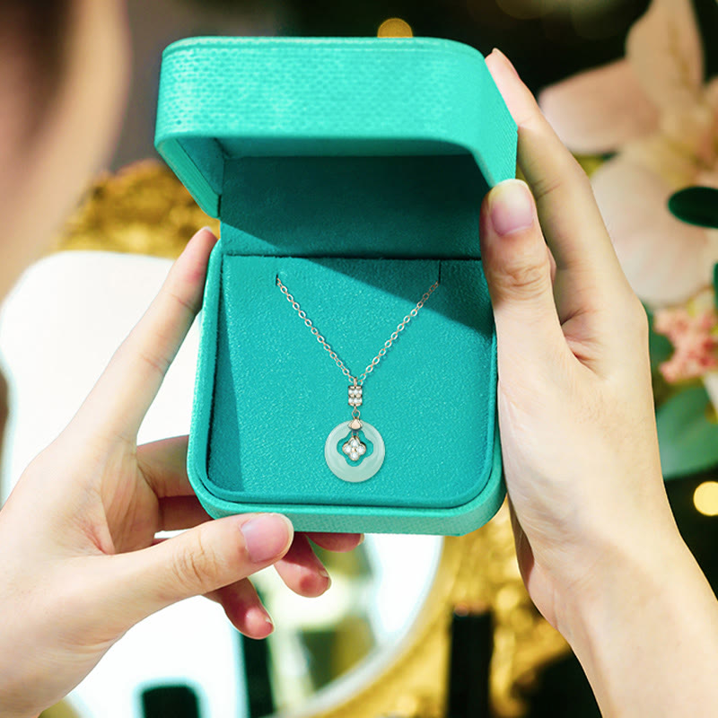 925 Sterling Silver Natural Hetian Jade Lucky Four Leaf Clover Zircon Necklace Pendant With Gift Box