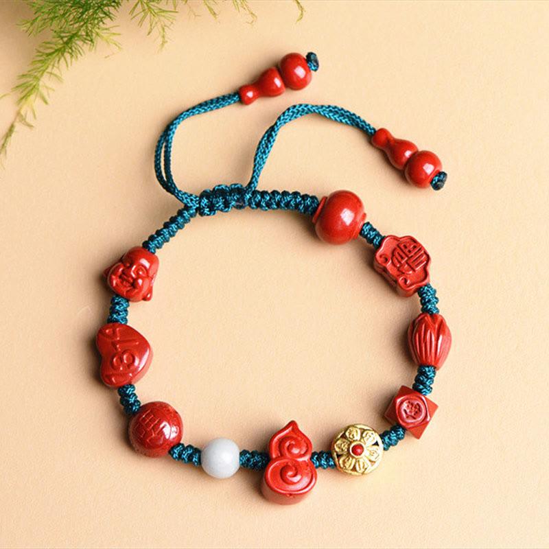 Hand-Carved Cinnabar Om Mani Padme Hum Laughing Buddha Wu Lou Fu Corded Bracelet