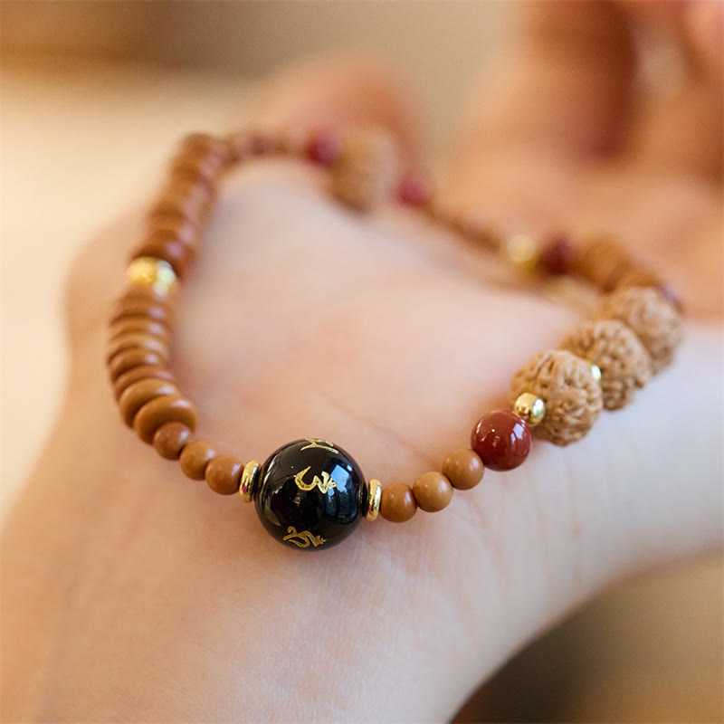 Tibetan Bodhi Seed Om Mani Fu Gold Copper Gemstone Bracelet with Red Agate & Olive Wood