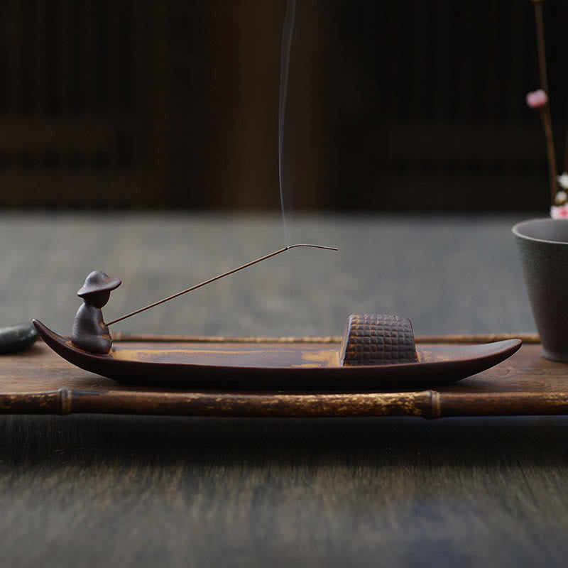 Handcrafted Ceramic Fisherman Zen Scene Healing Incense Burner