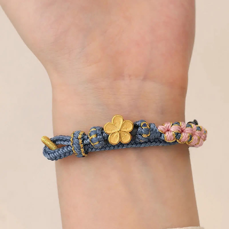 Handcrafted Red String Bracelet with Gold-Toned Copper Peach Blossom Charm
